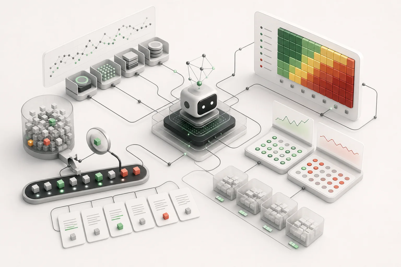 Agent memory modules connected to retrieval tests and evaluation heatmaps
