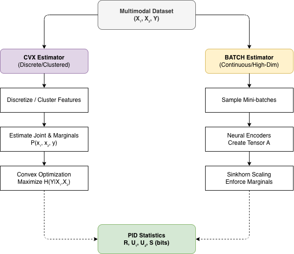 CVX vs BATCH Estimator Flowchart showing the split pipeline for discretized vs continuous data processing