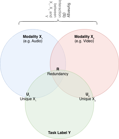 PID Components Venn Diagram showing three overlapping circles for Modality X₁, Modality X₂, and Task Label Y, with labels for redundancy, uniqueness, and synergy