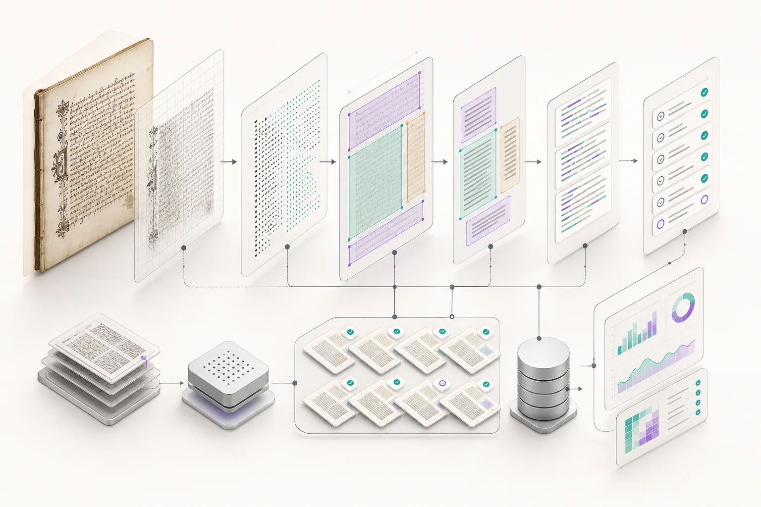 Manuscript document moving through OCR, layout detection, and validation stages