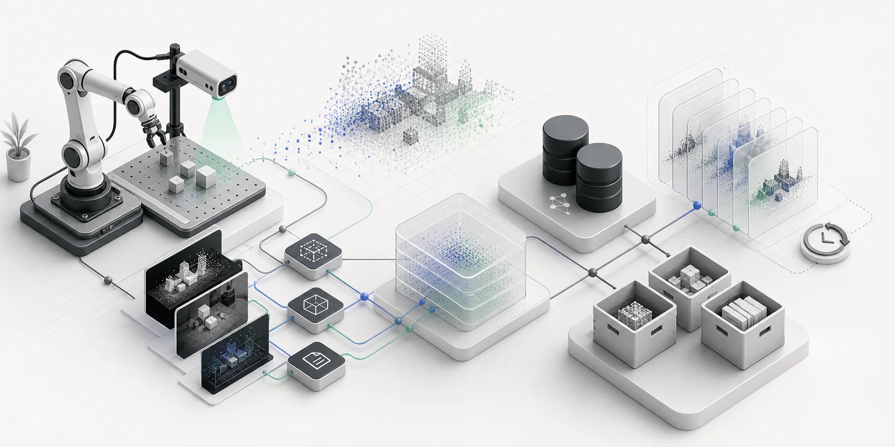 Robot data-capture rig connected to versioned storage and dataset snapshots