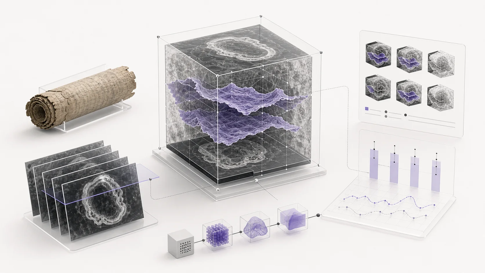 Translucent CT volume with segmented papyrus surface layers